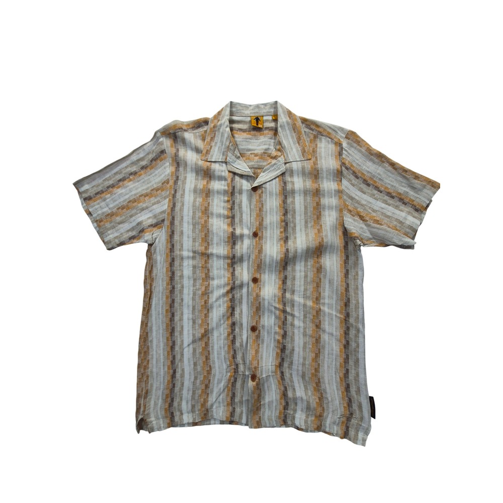 Steve Harvey Mens 2X Linen Shirt Short Sleeve Striped Button Down Orange Brown